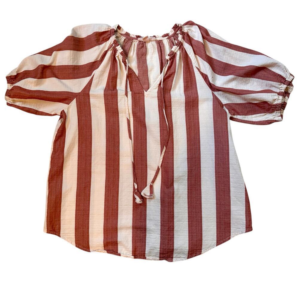 Knox Rose Red and Cream Striped Boho Peasant Top Size Small Relaxed Fit